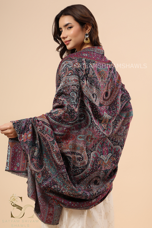 TURKISH PAISLEY FINE WOOL PASHMINA JAMAWAR KANI SHAWLS,MULTY KASHMIRI COLOURS ON BLACK BASE