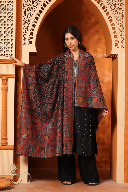 BAADSHAH DARABR ZARI KANI PASHMINA BLEND WOOL WOMENS SHAWLS,BLACK