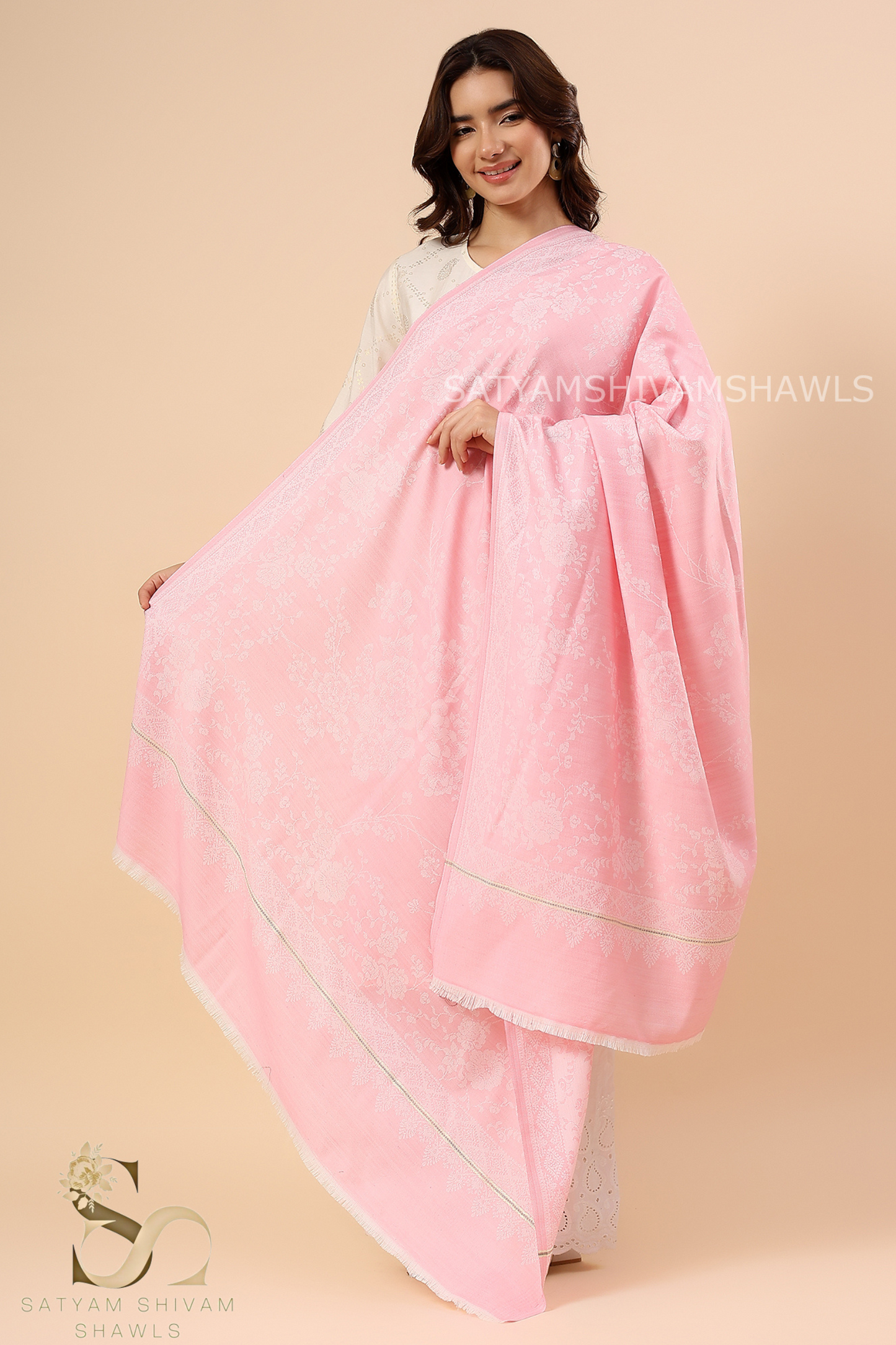 PASHMINA BLENDED WOOL REVERSIBLE SELF SUNFLOWER DESIGN SHAWL BABY PINK COLOR