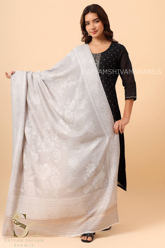 PASHMINA BLENDED WOOL REVERSIBLE SELF LOTUS DESIGN SHAWL,SLIVER GREY