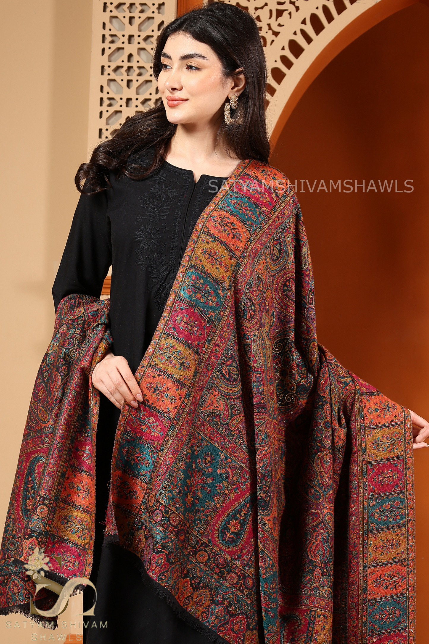 100%PURE WOOL KANI ETHNIC WEAVE SHAWL SOFT AND WARM,WITH WOOLMARK CERTIFICATE,BLACK
