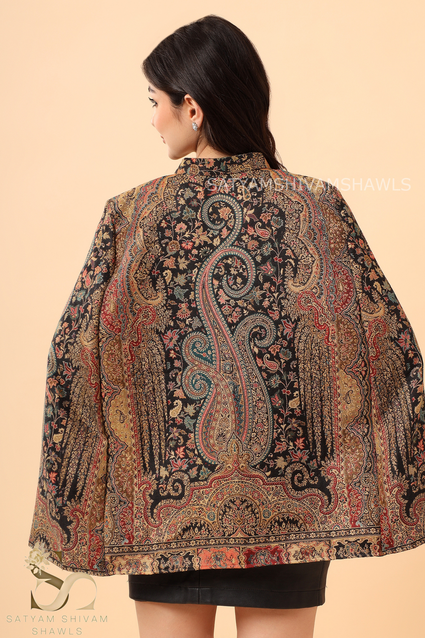 KANI WOVEN VINTAGE KASHMIRI PASHMINA BLEND WOOL CAPE,BLACK