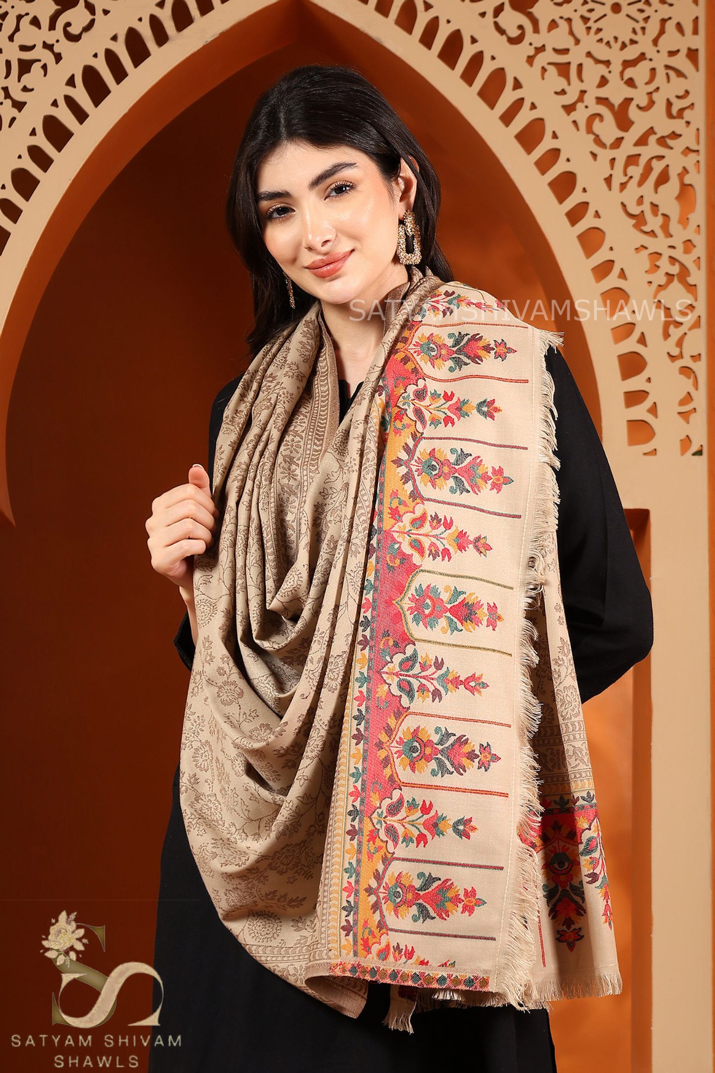 SATYAMSHIVAMSHAWLS WOMENS  PASHMINA KANI SHAWL ETHNIC WEAVE DESIGN,LIGHT