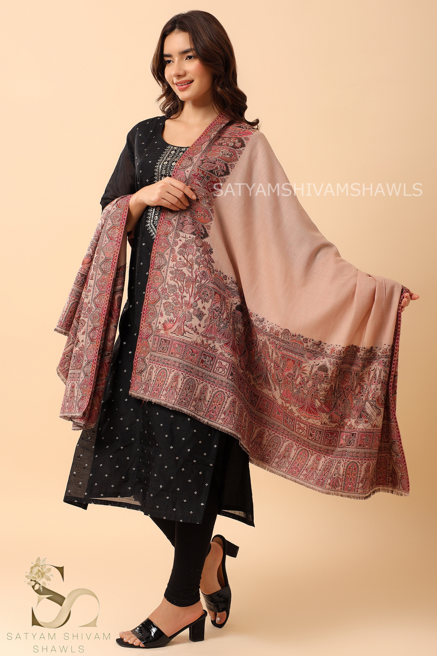 WOMENS 100%PURE WOOL KANI BORDER WEAVE SHAWL, SOFT, WARM AND LIGHT WEIGHT