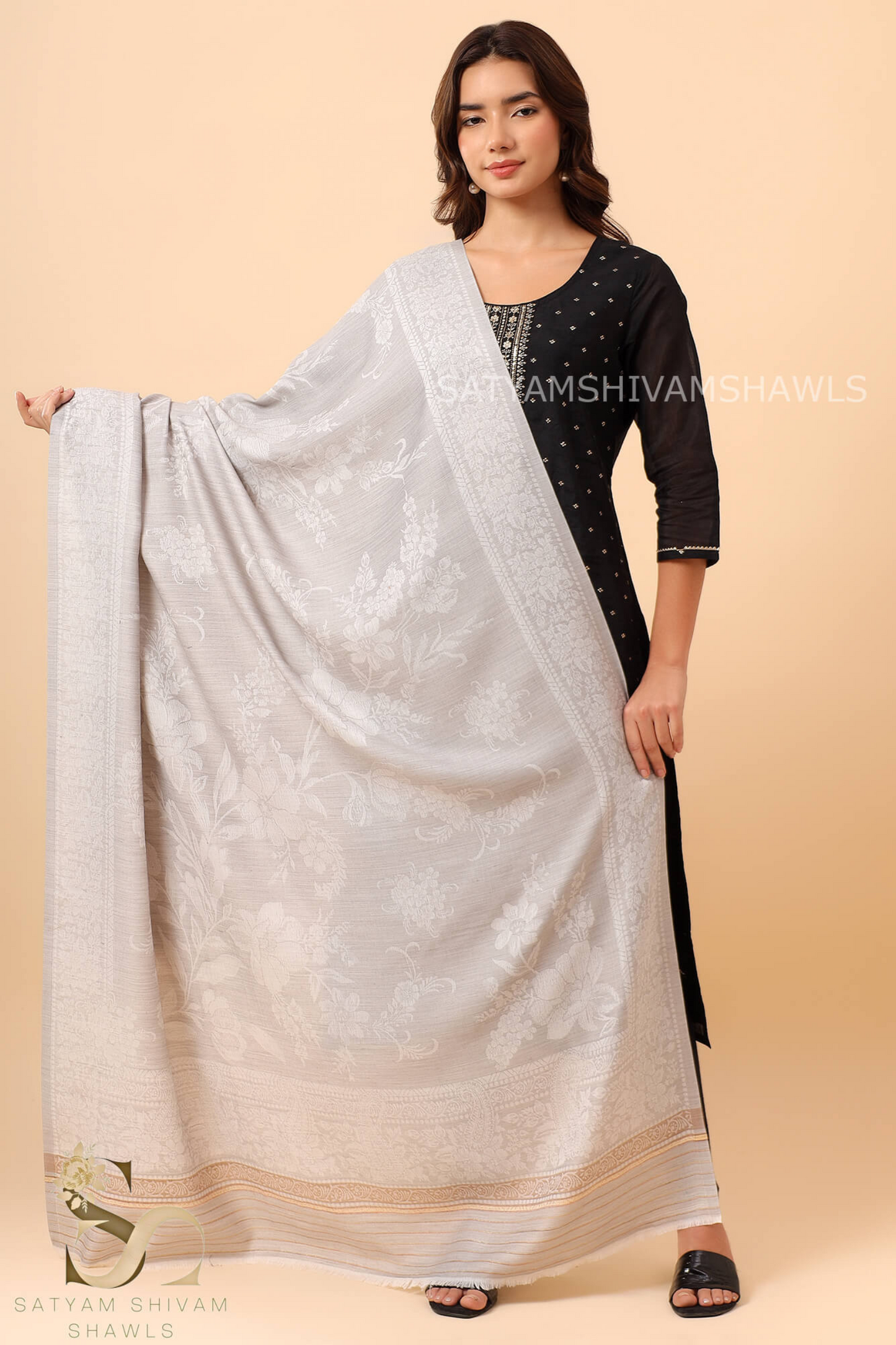 PASHMINA BLENDED WOOL REVERSIBLE SELF LOTUS DESIGN SHAWL,SLIVER GREY
