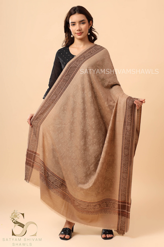 PURE WOOL REVERSIBLE BORDER STRIPS SELF DESIGN SHAWL ,CAMEL