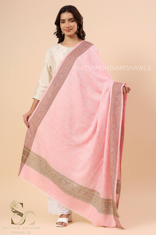 PURE WOOL ALL OVER SELF DESIGN WITH BORDER AND STRIPS DESIGN SHAWL,WARM & SOFT,BABY PINK