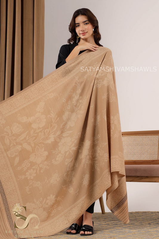 PASHMINA BLENDED WOOL REVERSIBLE SELF LOTUS DESIGN SHAWL