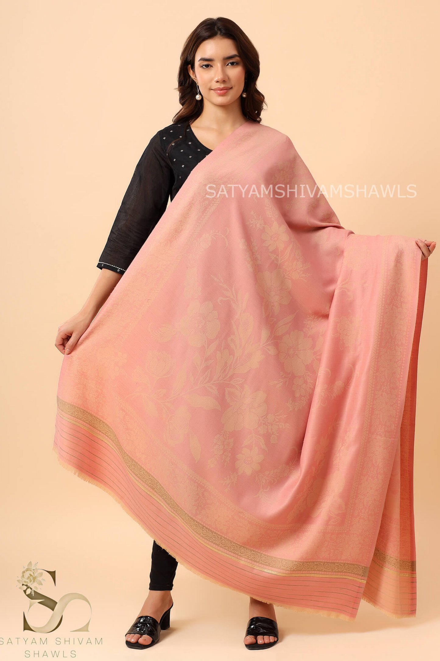 PURE WOOL REVERSIBLE SELF LOTUS DESIGN SHAWL