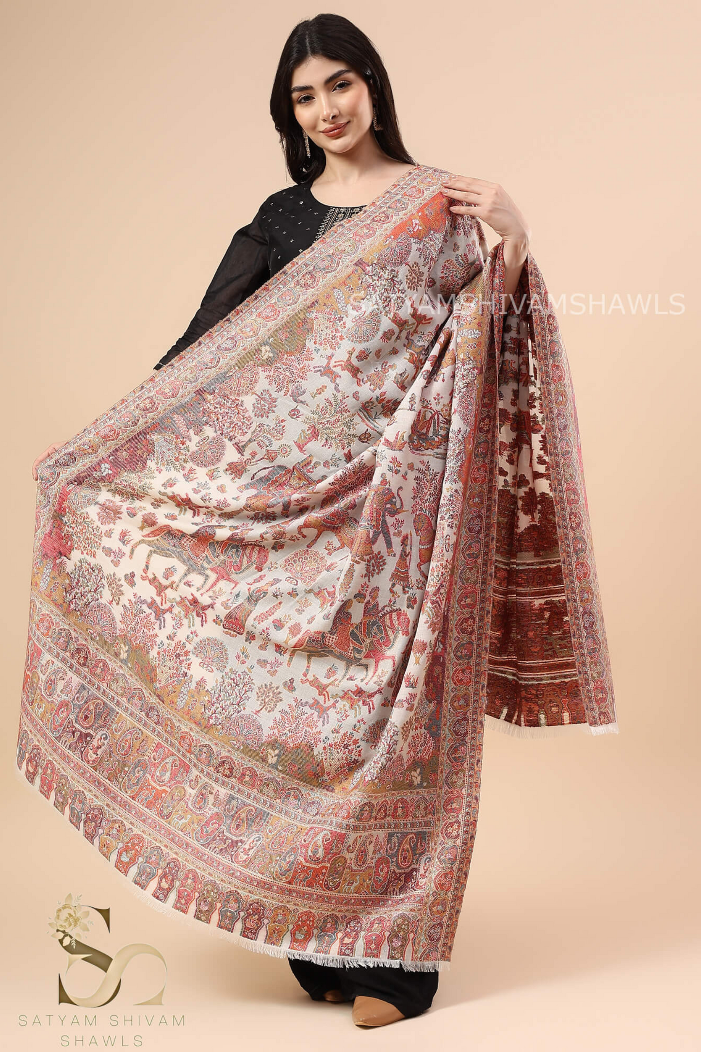"GARDEN OF DELIGHT" PASHMINA KANI SHIKARGAH DHOLI THEME DESIGN SHAWL,WARM AND SOFT,WHITE