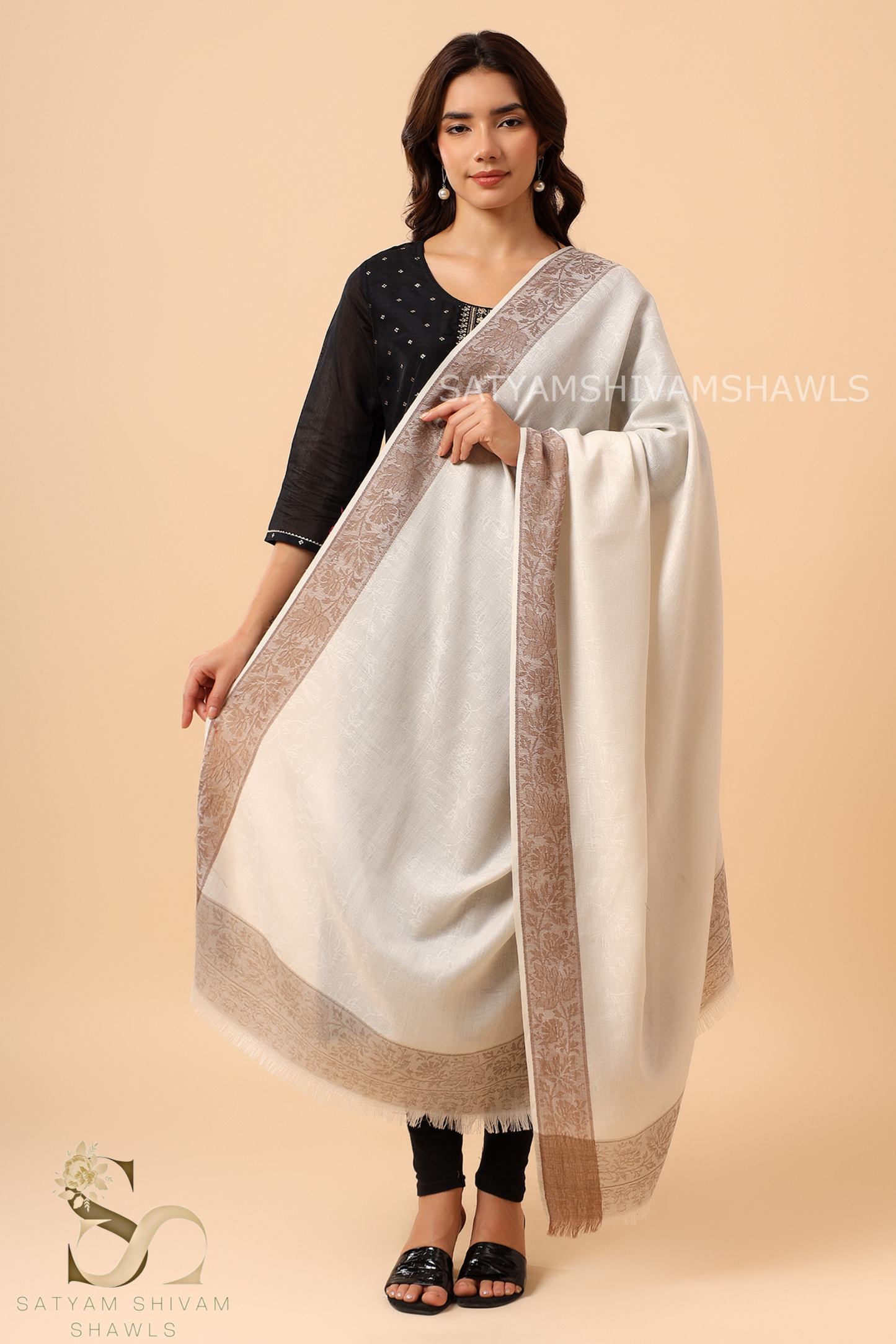 PURE WOOL REVERSIBLE SELF BORDER DESIGN SHAWL ,WHITE
