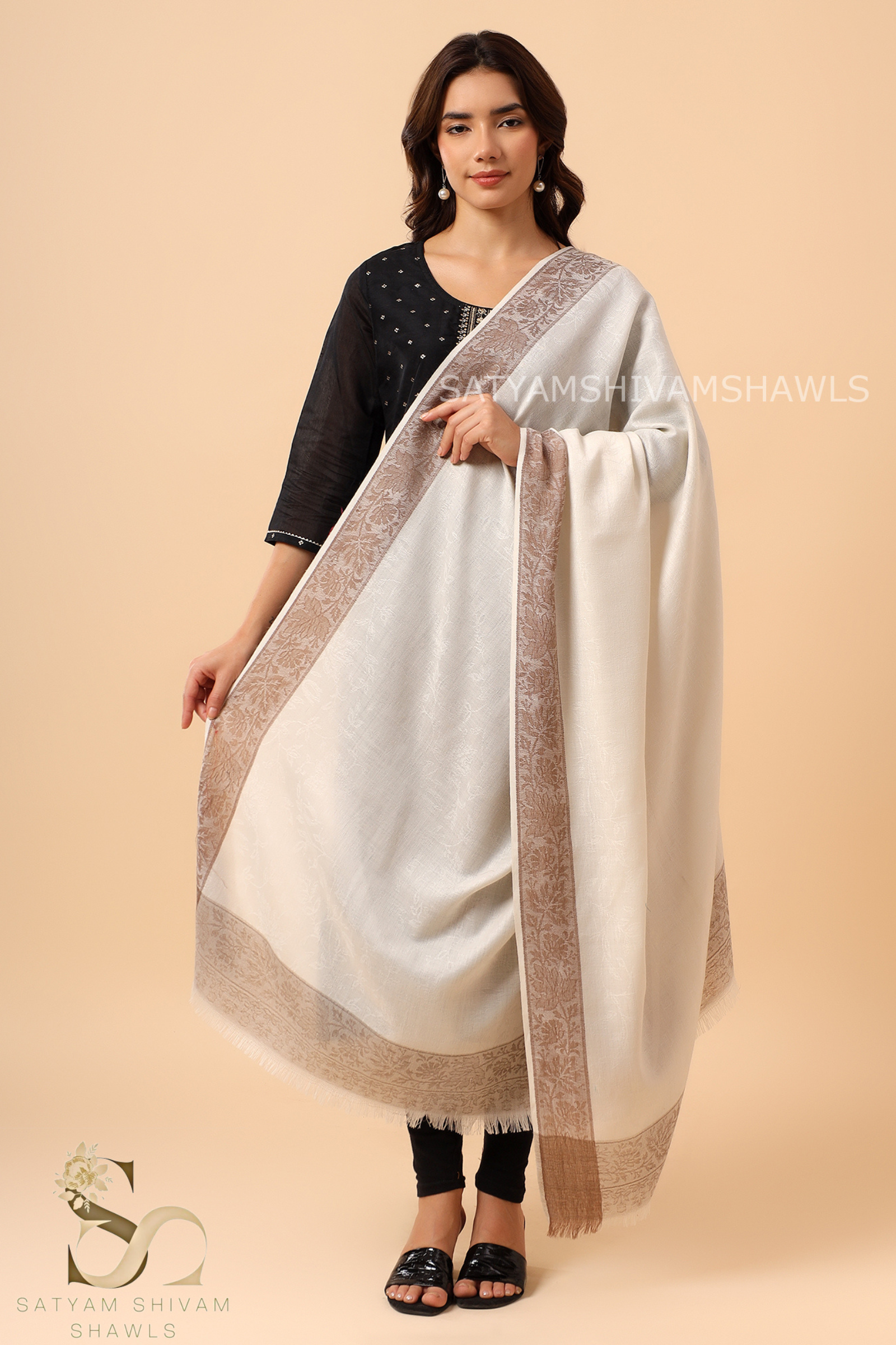 PURE WOOL REVERSIBLE SELF BORDER DESIGN SHAWL ,WHITE