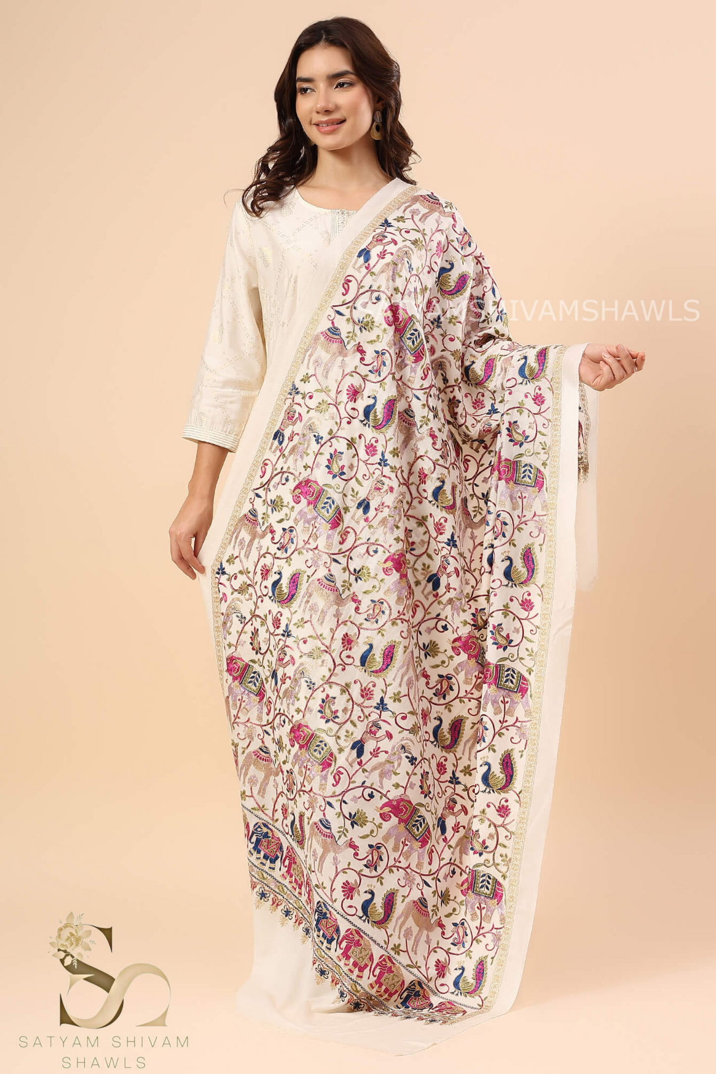 "SHIKAAR-E-KASHMIR" TILLA EMBRODIERY FINE PASHMINA WOOL, WARM AND SOFT,WHITE