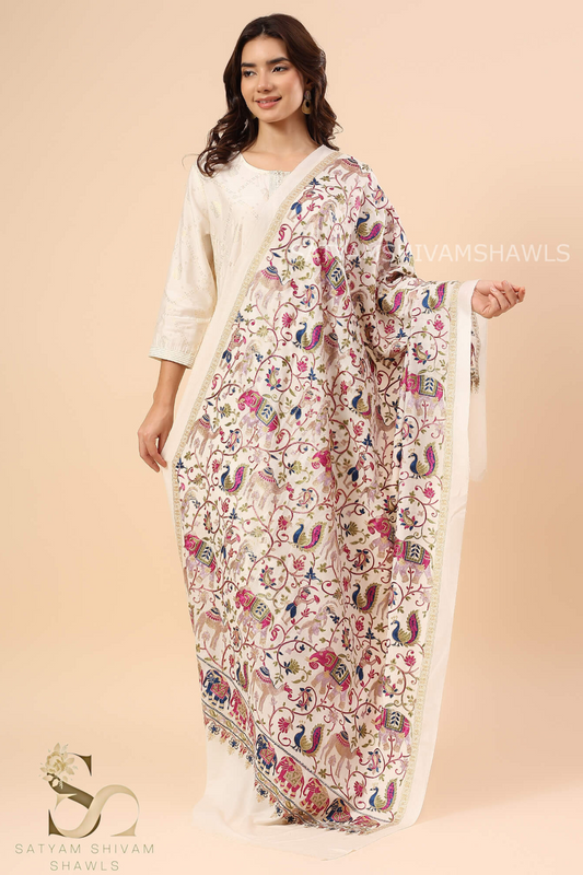 "SHIKAAR-E-KASHMIR" TILLA EMBRODIERY FINE PASHMINA WOOL, WARM AND SOFT,WHITE