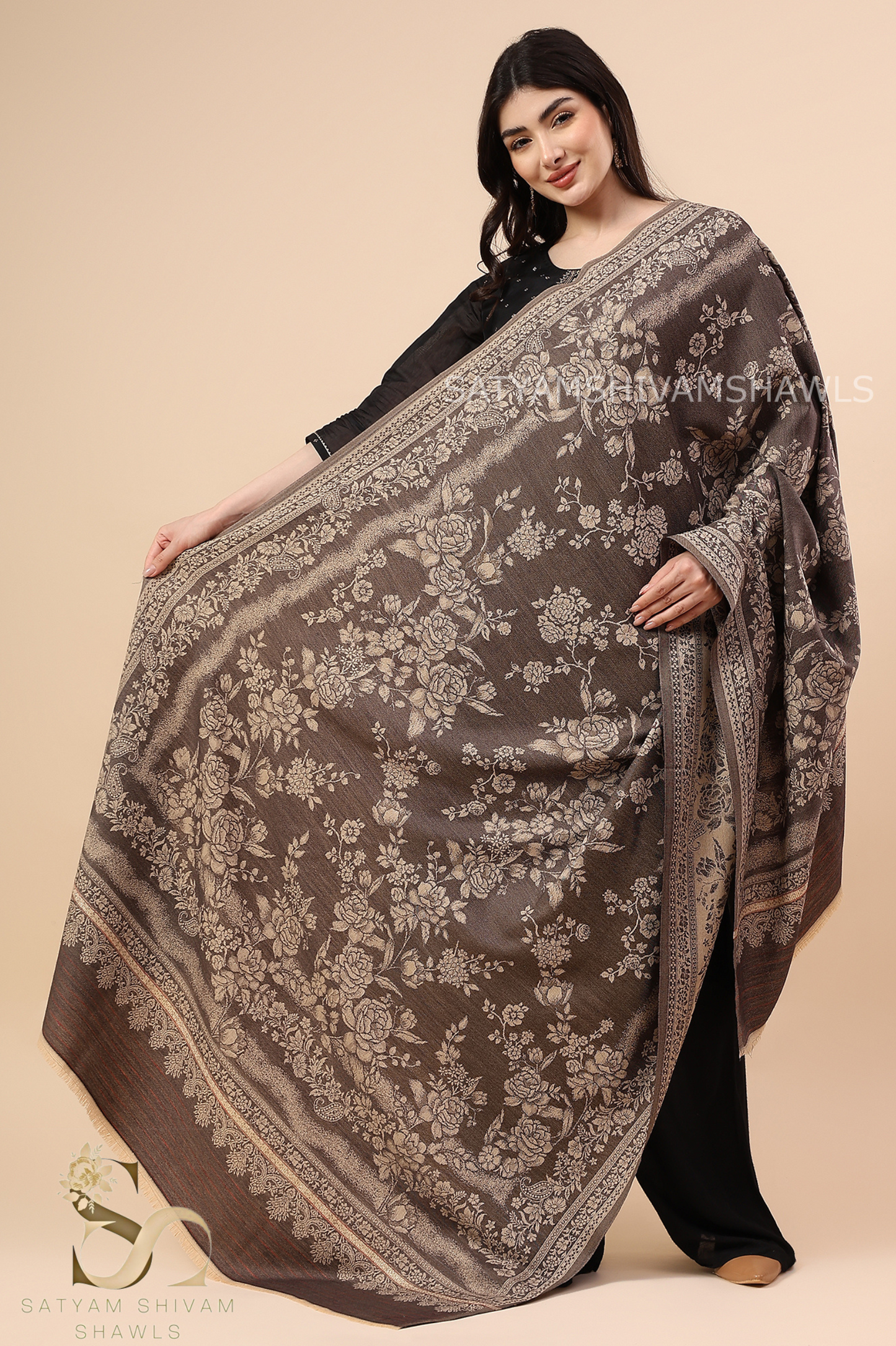 PURE WOOL ALL OVER REVERSIBLE SELF ROSE DESIGN SHAWL, SOFT, AND WARM ,COFFEE