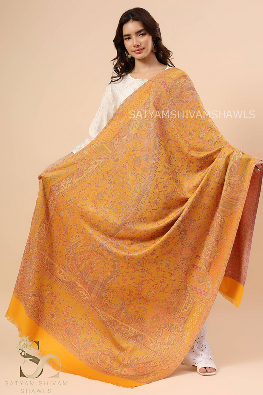 PURE WOOL ETHNIC KANI WEAVED SHAWL,WARM AND SOFT,YELLOW