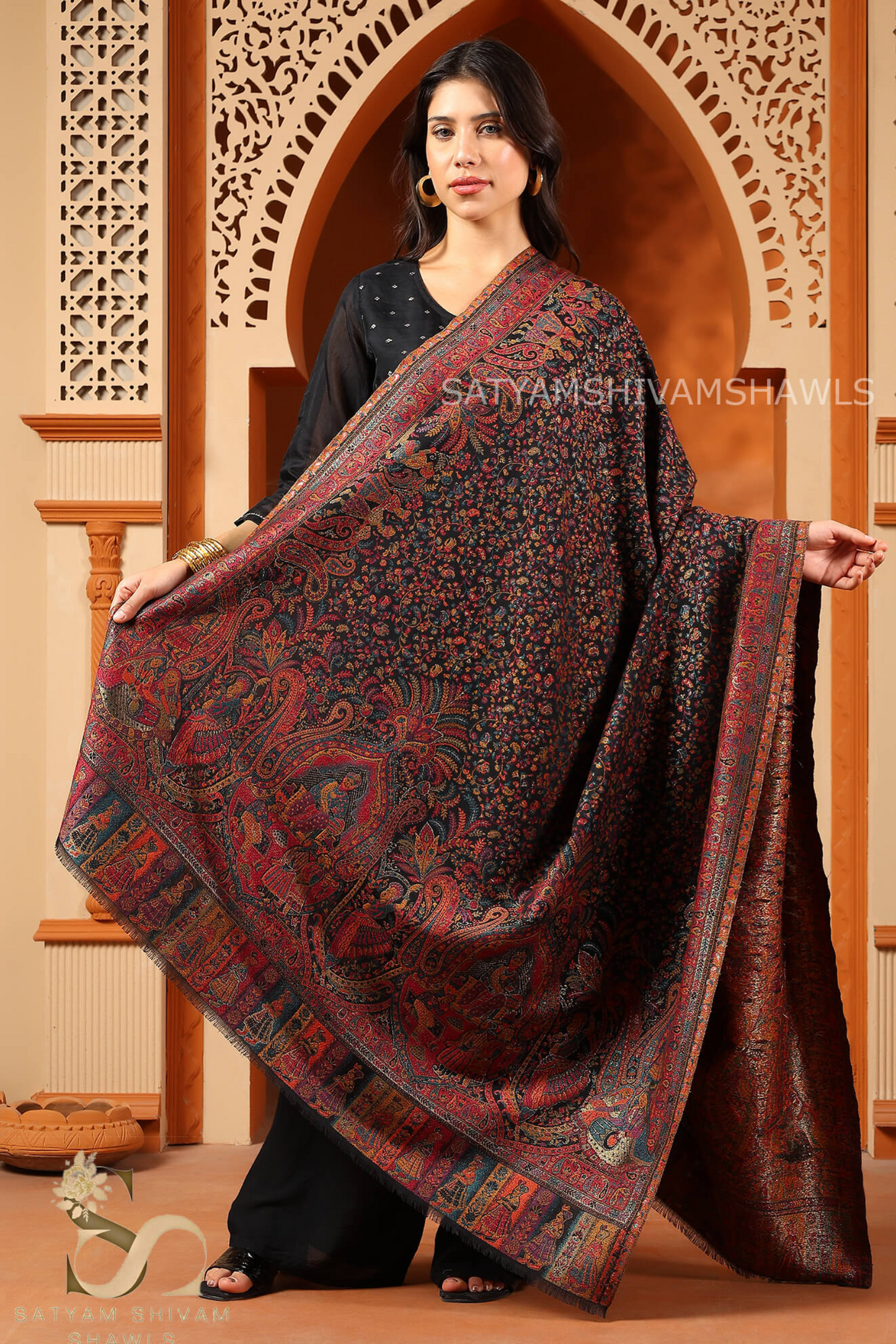 BAADSHAH DARABR ZARI KANI PASHMINA BLEND WOOL WOMENS SHAWLS,BLACK