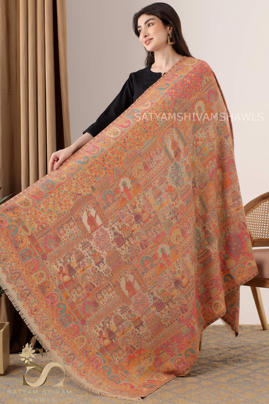 "SHAAN -E-DARBAR" THEME KANI  PASHMINA BLEND WOOL SHAWLS ,LIGHT WEIGHT AND WARM,BEIGE