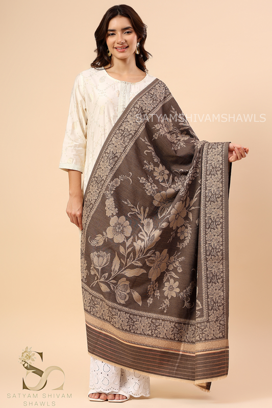 PASHMINA BLENDED WOOL REVERSIBLE SELF LOTUS DESIGN SHAWL,COFFEE