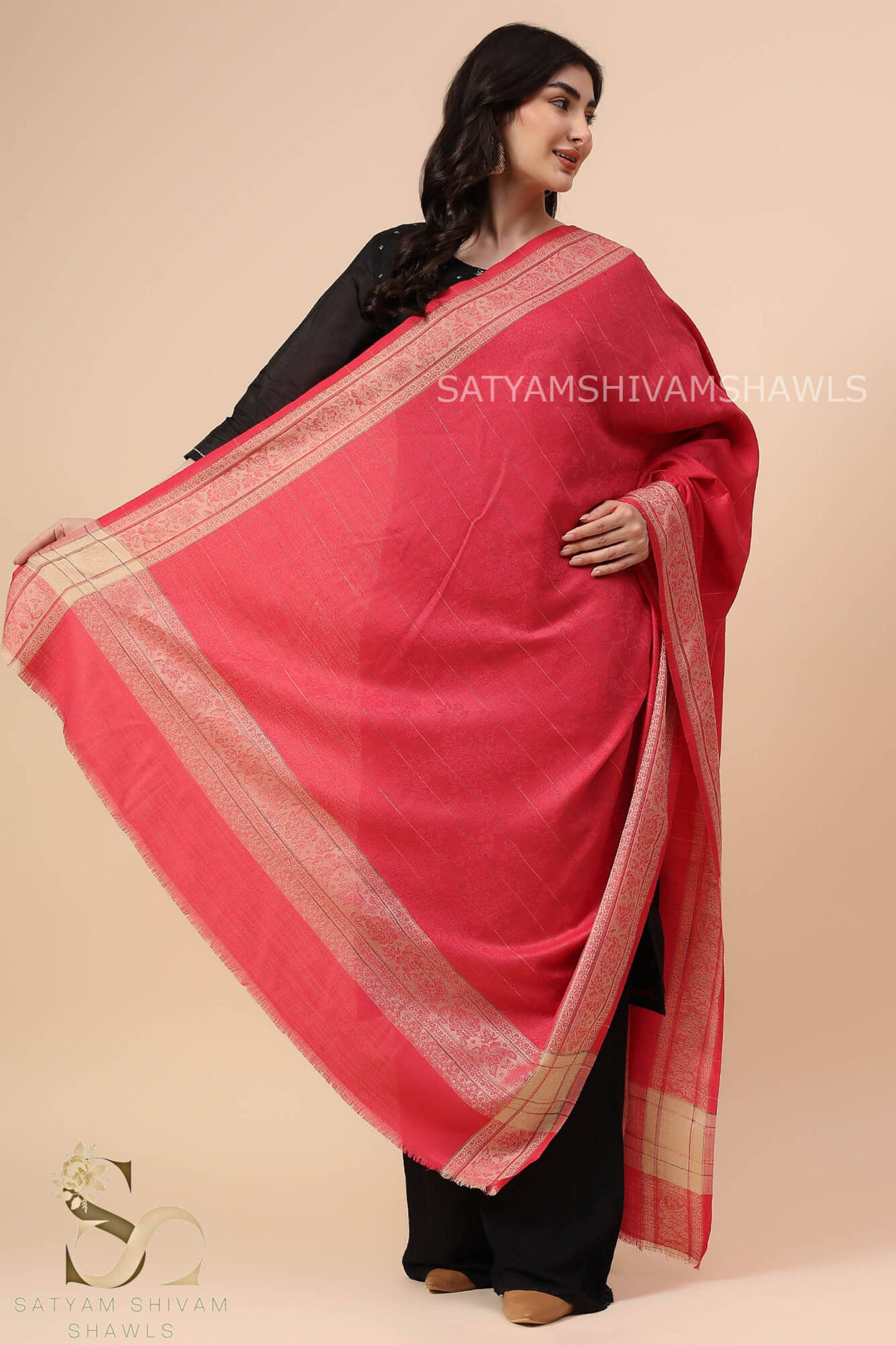 PURE WOOL ALL OVER SELF DESIGN WITH BORDER AND STRIPS DESIGN SHAWL,WARM & SOFT,GAJARI