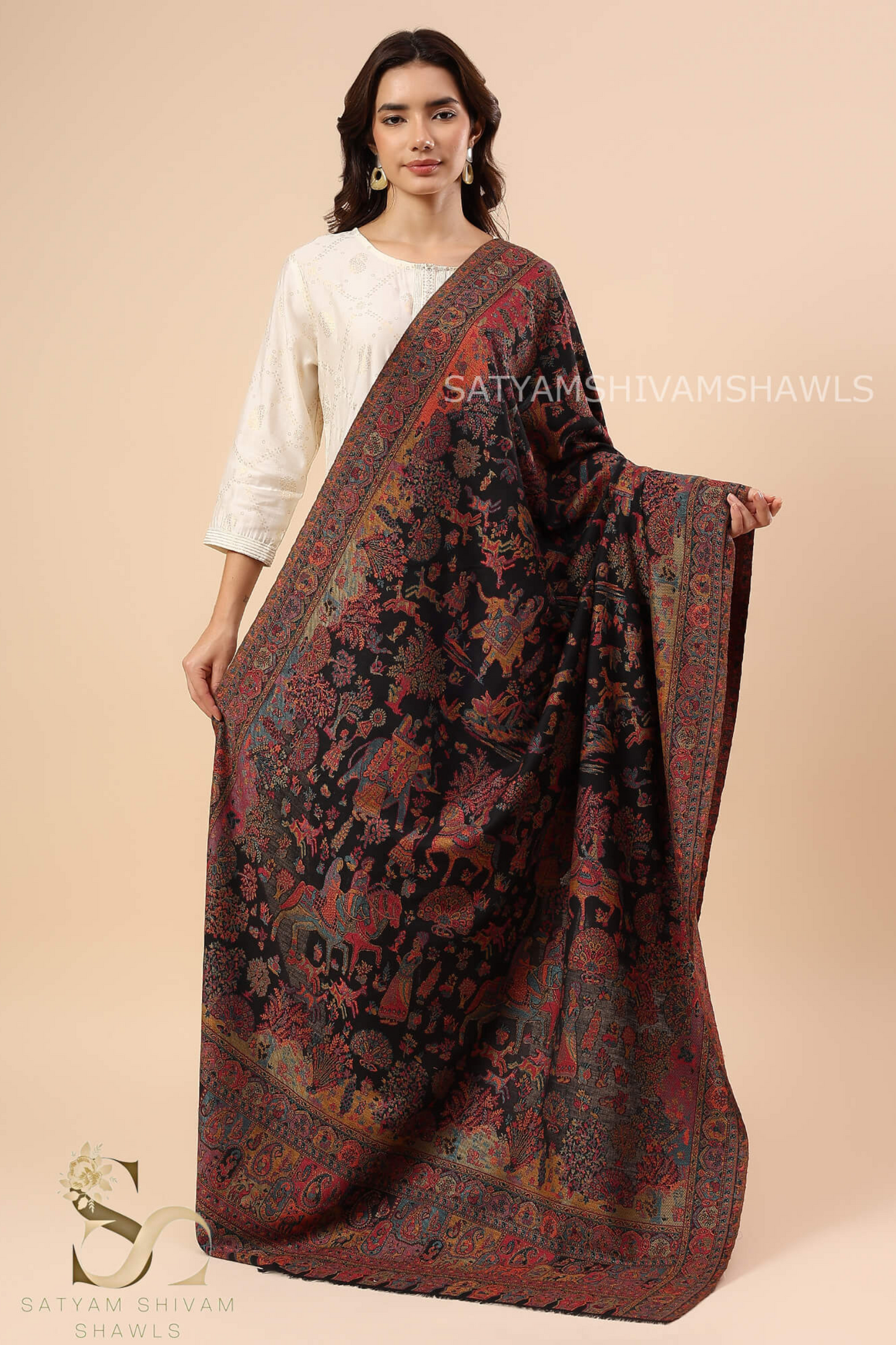 "GARDEN OF DELIGHT" PASHMINA KANI SHIKARGAH DHOLI THEME DESIGN SHAWL,WARM AND SOFT