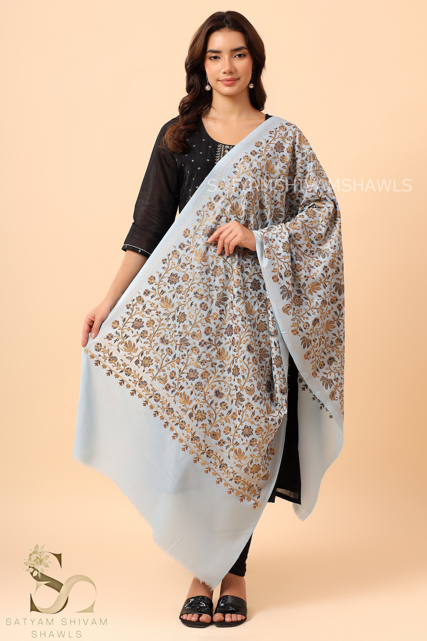 PASHMINA MIST BLUE NALKI EMBRODIERY WEAVE STOLE,WARM & SOFT
