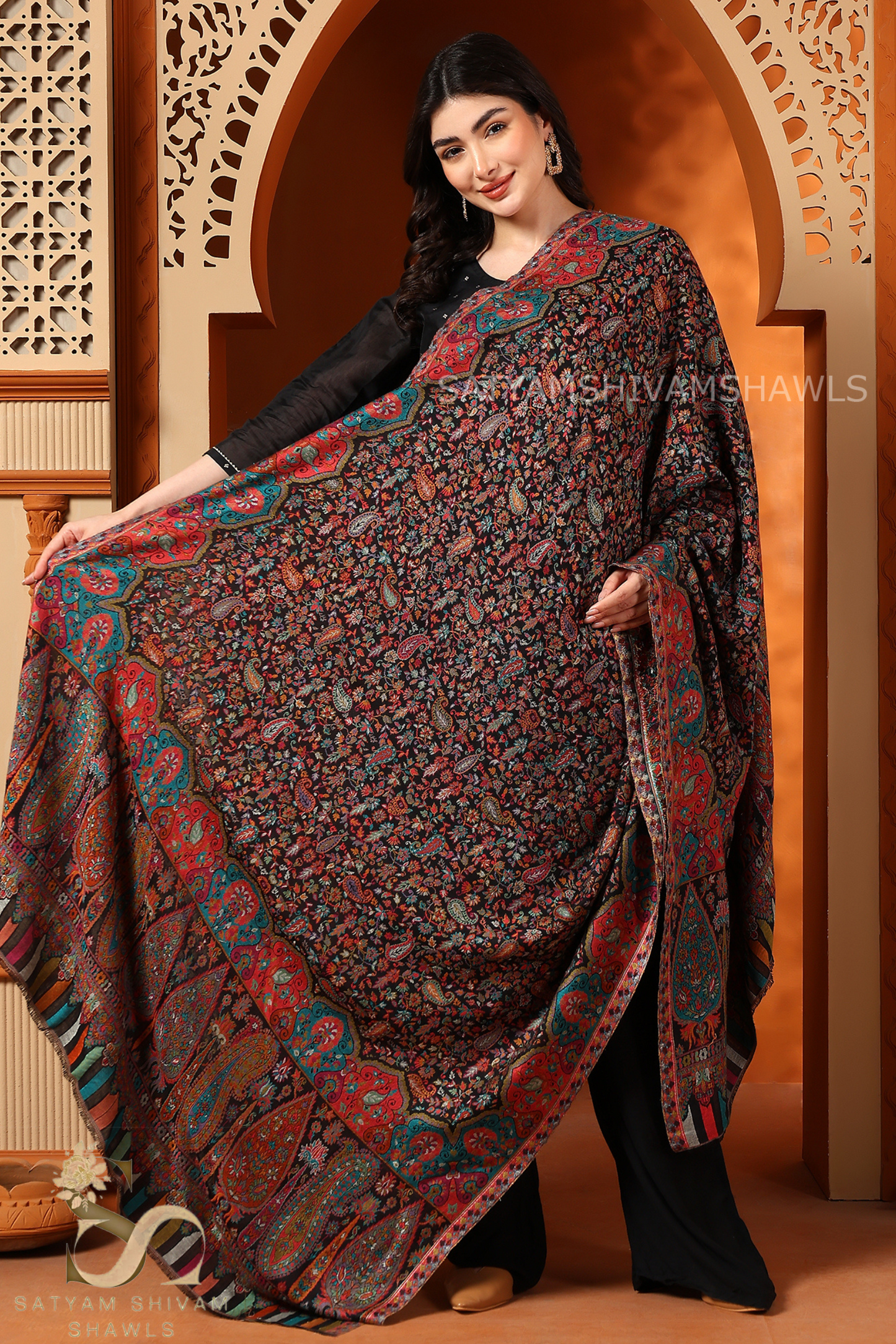 PASHMINA PURE WOOL AUTHENTIC MULTI KANI WEAVE DESIGN SHAWL,BLACK