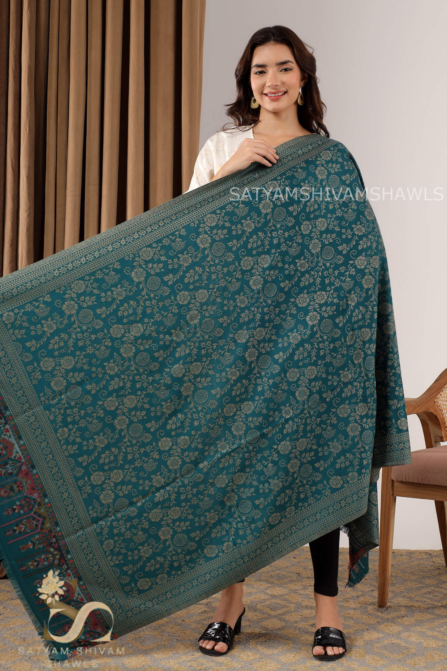 PURE WOOL ETHNIC KANI WEAVED SHAWL,WARM AND SOFT, C GREEN
