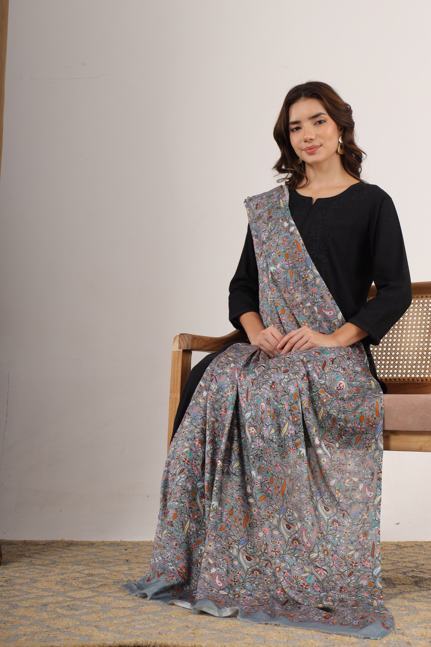 KALAMKARI KANI LEAF PRINT DESIGN  WOMENS SHAWL SILK WOOL,GREY