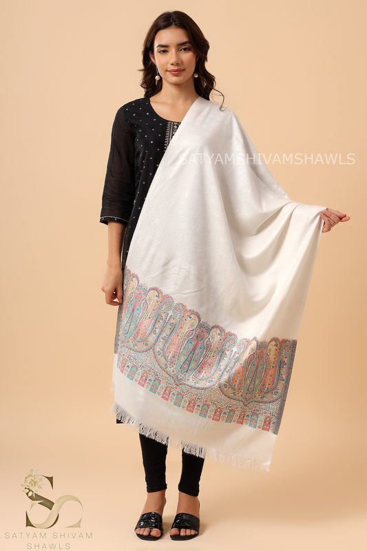 ANAQAT VINTAGE PAISLEY PALLA KANI WOMENS STOLE, WHITE