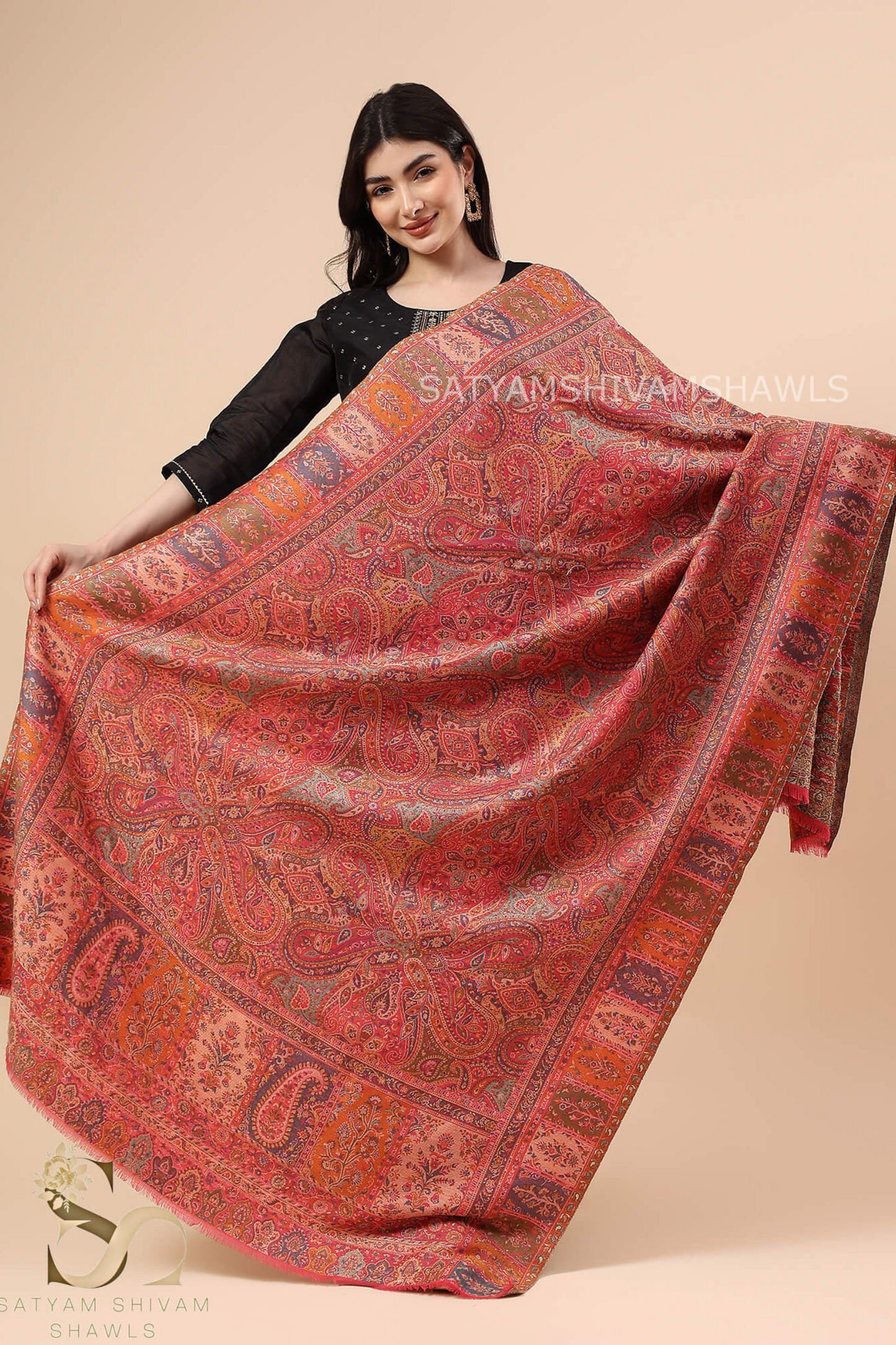 SATYAMSHIVAMSHAWLS WOMENS 100%PURE WOOL KANI ETHNIC WEAVE SHAWL, SOFT AND WARM, CARROT