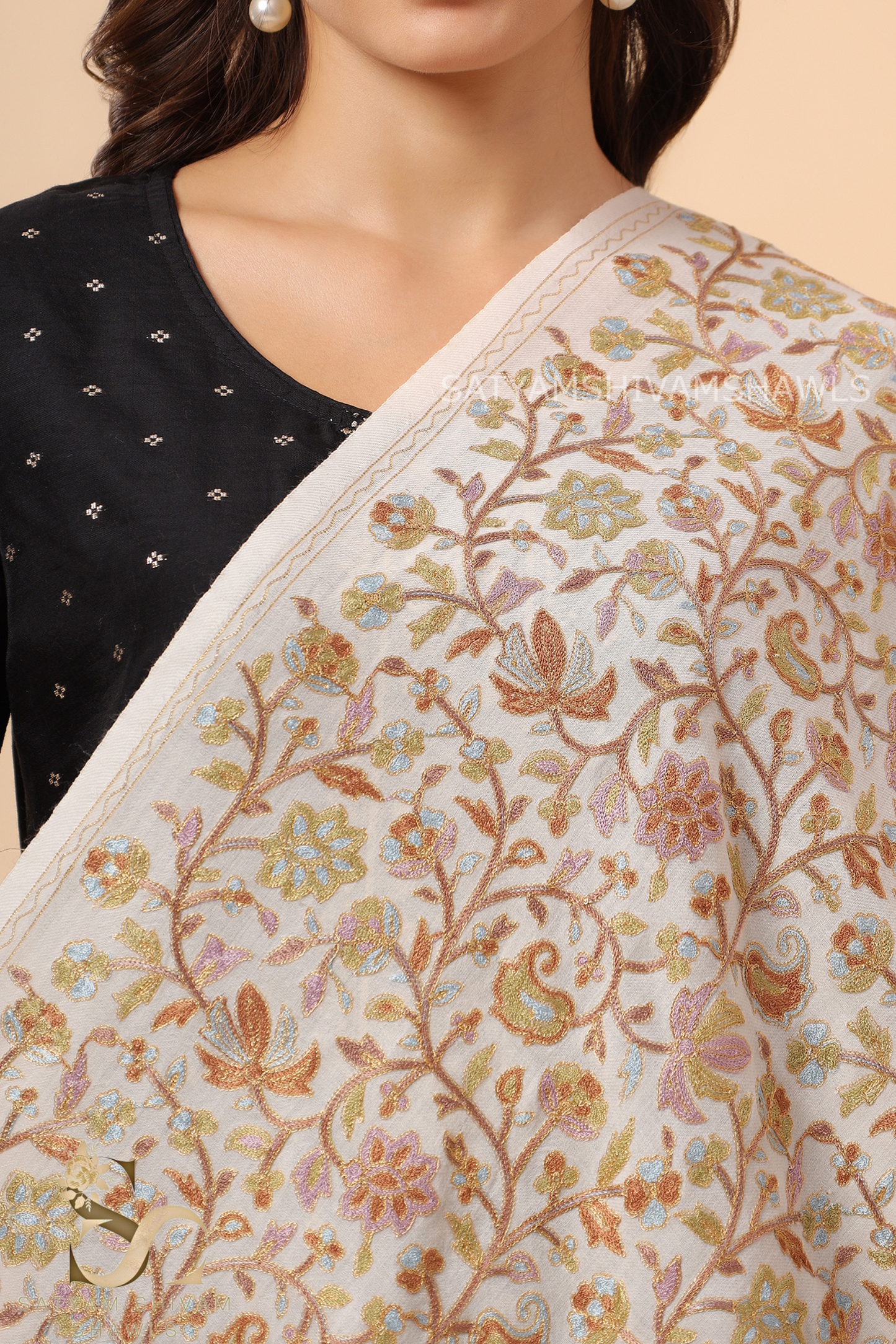 CHINAR LEAF  PASHMINA FINE WOOL NALKI EMBROIDERY WEAVE STOLE,WARM & SOFT,WHITE