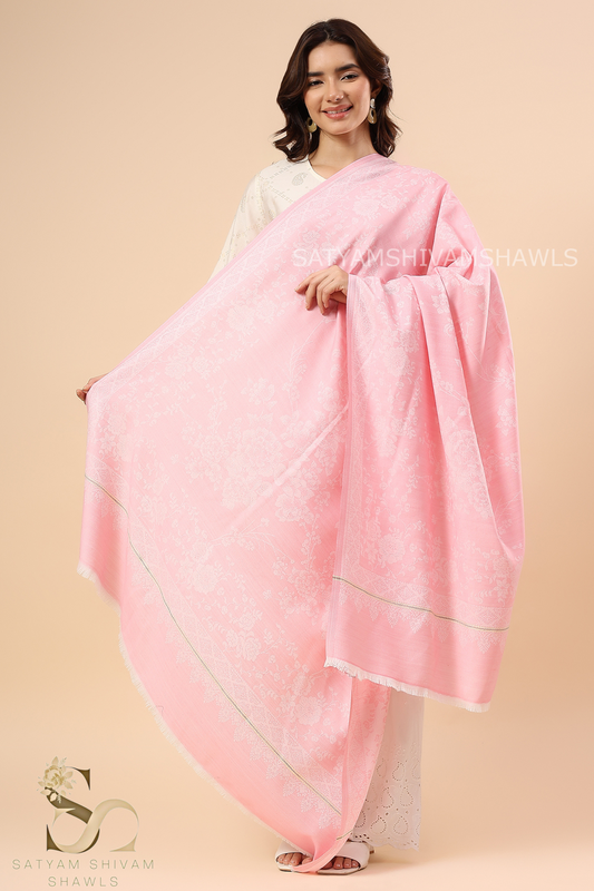 PASHMINA BLENDED WOOL REVERSIBLE SELF SUNFLOWER DESIGN SHAWL BABY PINK COLOR