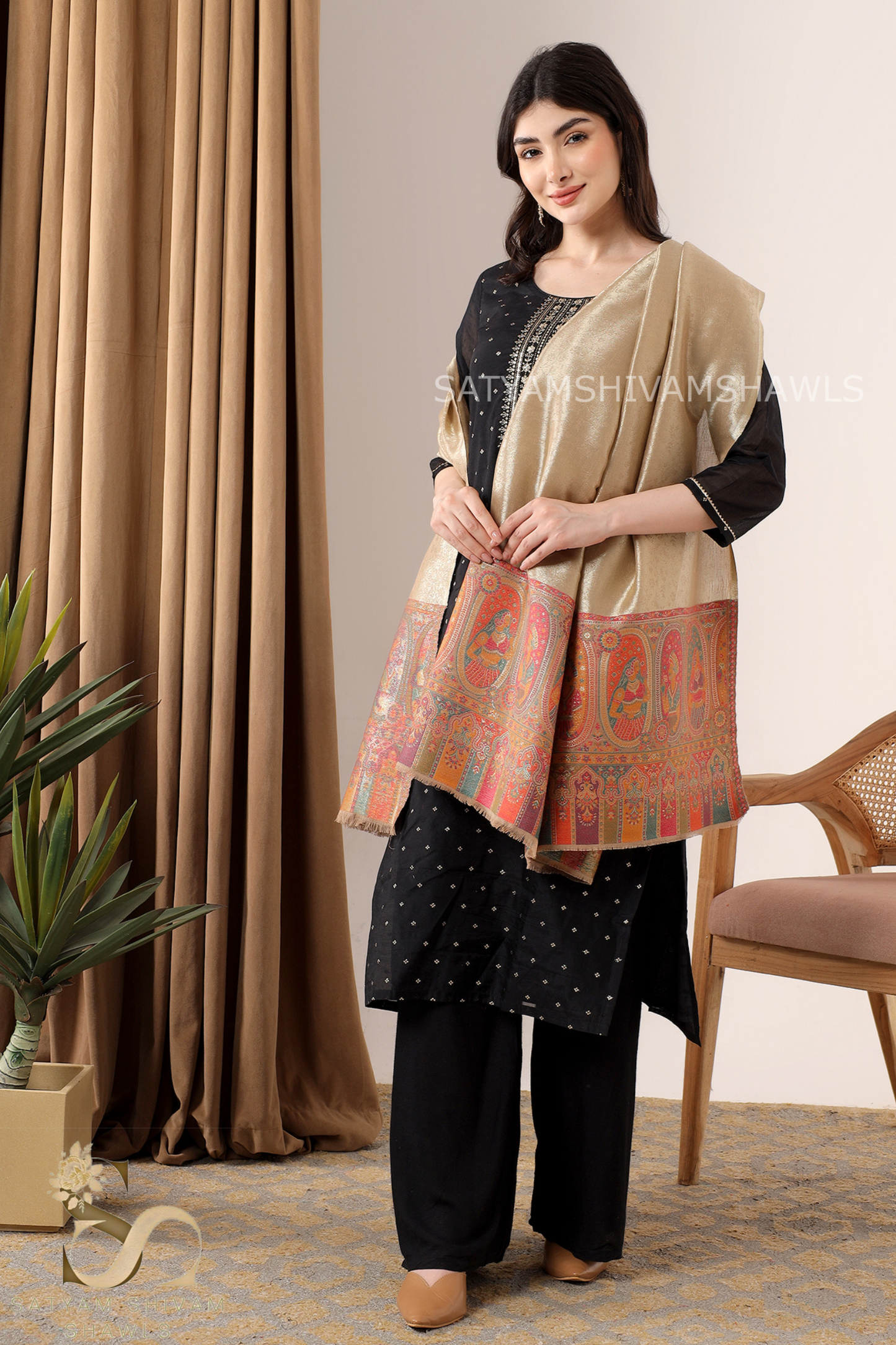 "TWILIGHT NOOR-E-MUGHAL" MOONLIGHT REVESIBLE PALLA DESIGN PASHMINA WOOL SHAWL,WARM AND SOFT
