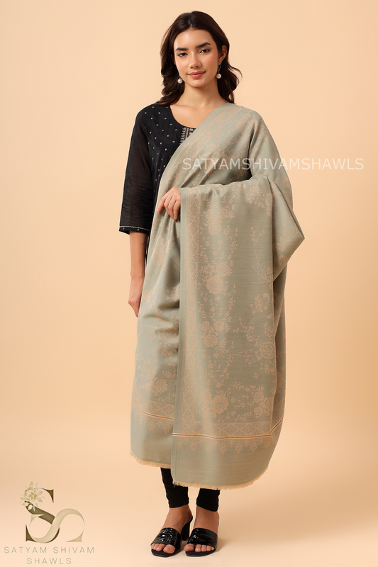 PASHMINA BLENDED WOOL REVERSIBLE SELF FLOWER DESIGN SHAWL,PISTA