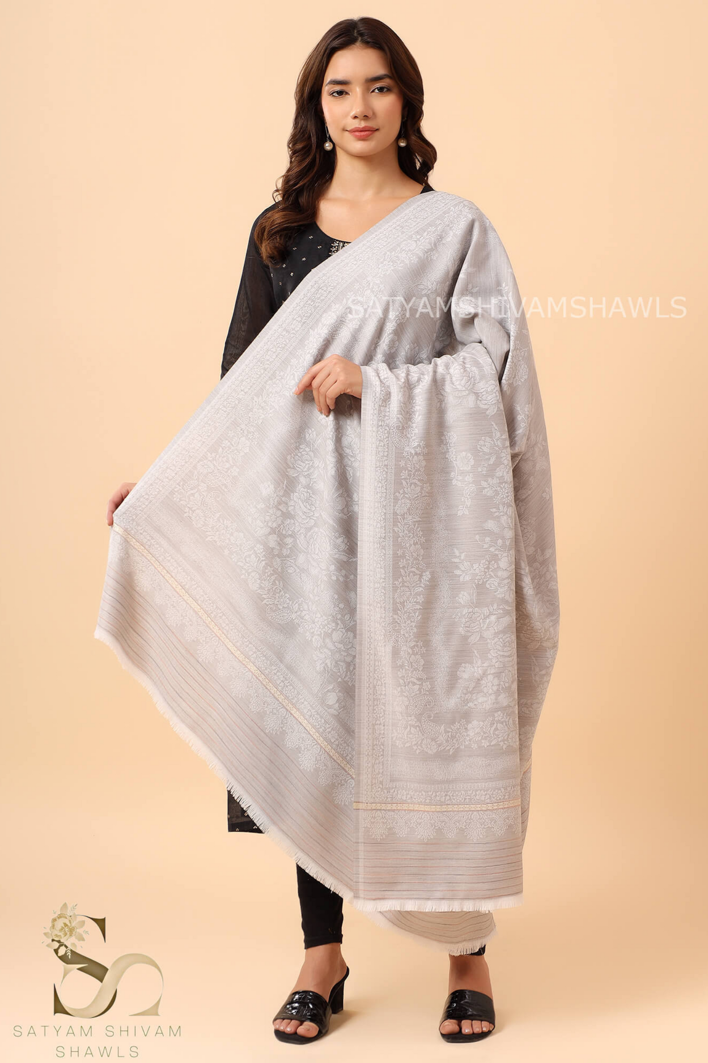 PASHMINA BLENDED WOOL REVERSIBLE SELF DESIGN SHAWL,SLIVER GREY