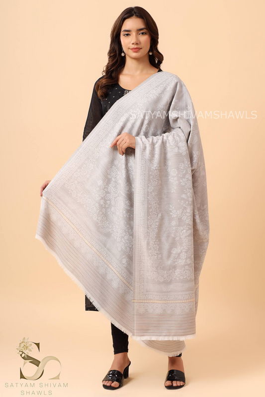 PASHMINA BLENDED WOOL REVERSIBLE SELF DESIGN SHAWL,SLIVER GREY