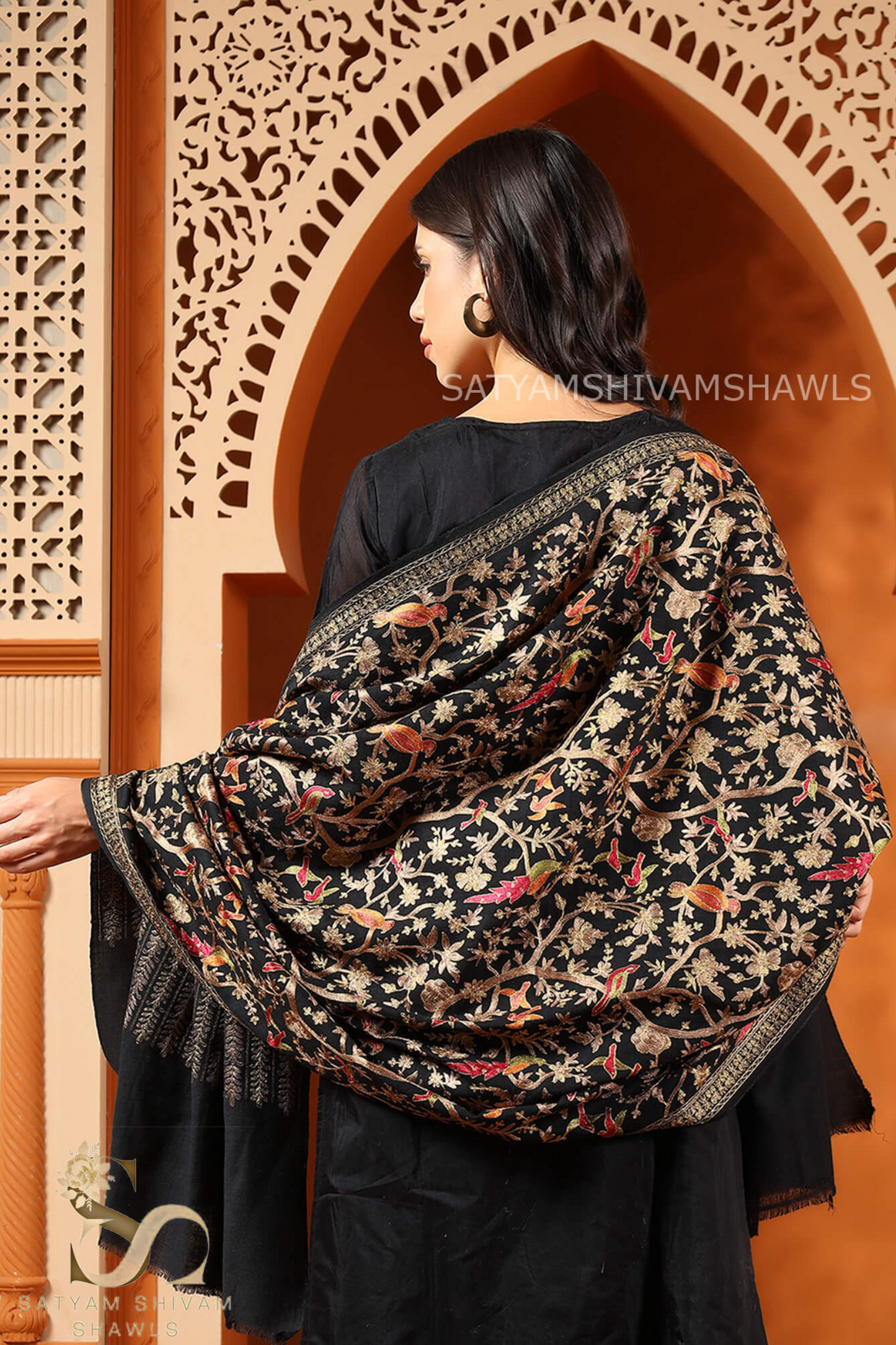 "SHIKAAR-E-KASHMIR" TILLA EMBROIDERY FINE PASHMINA WOOL, WARM AND SOFT,BLACK