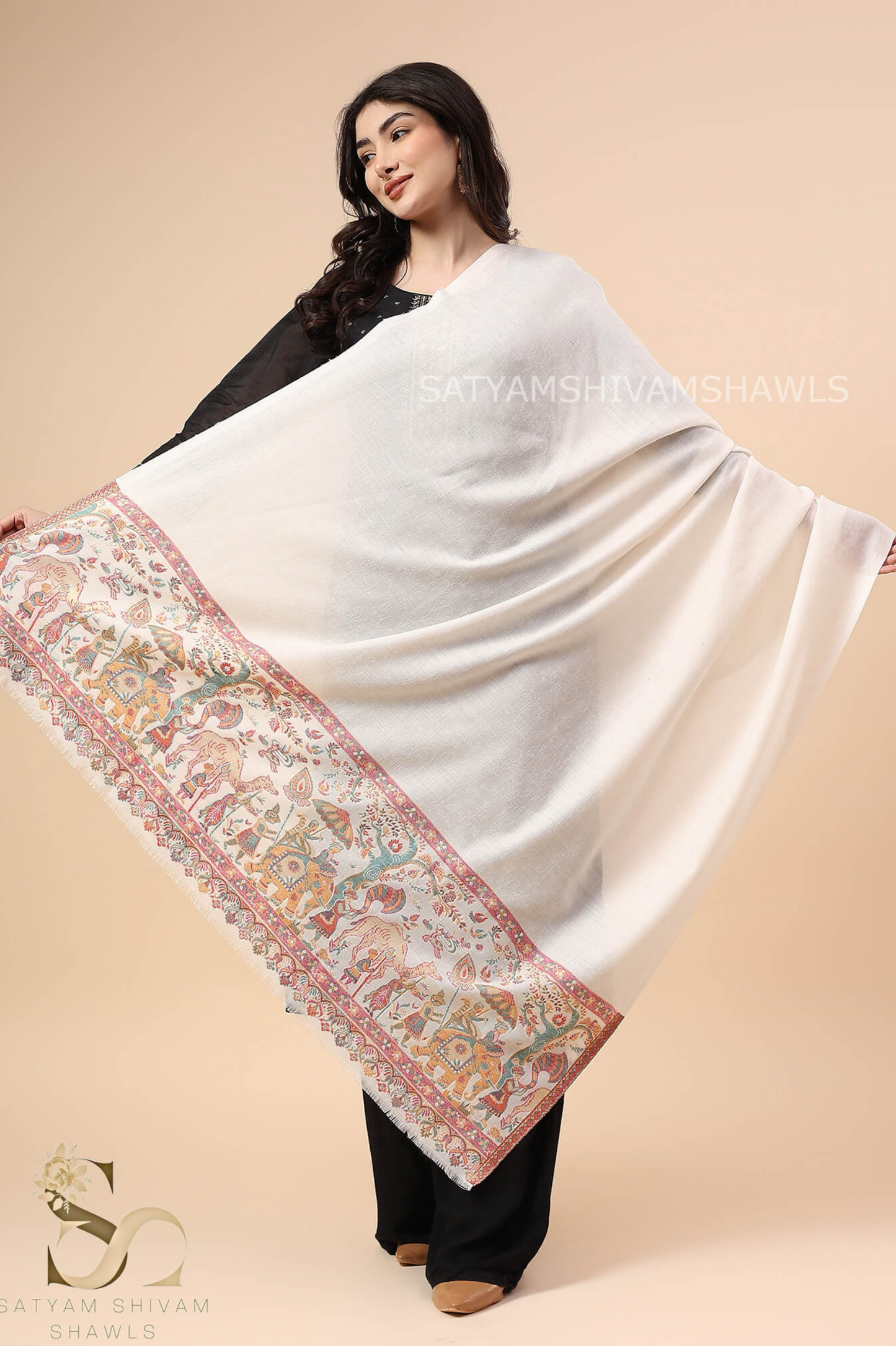 ZARI MOONLIGHT KANI WEAVE PURE WOOL PALLA SHAWL,WARM AND SOFT,WHITE