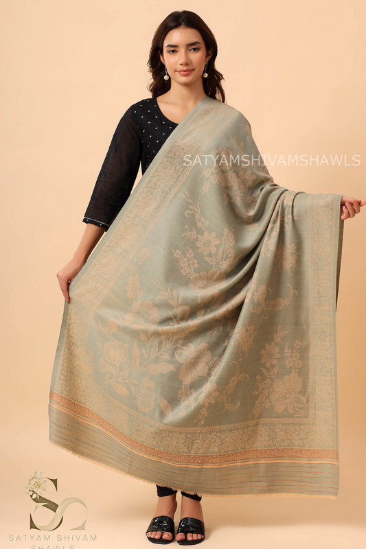 PASHMINA BLENDED WOOL REVERSIBLE SELF LOTUS DESIGN SHAWL