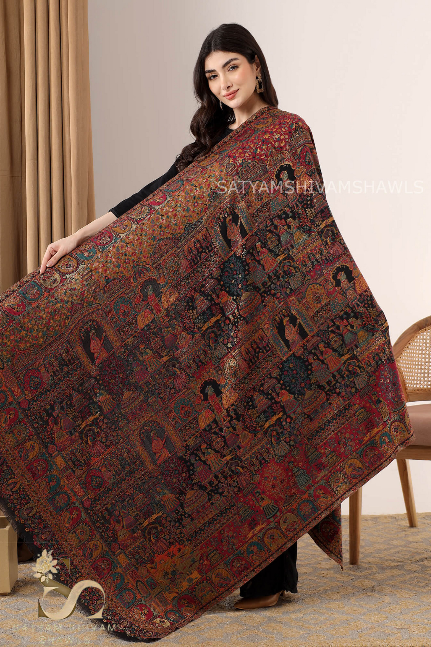 "SHAAN -E-DARBAR" THEME KANI  PASHMINA BLEND WOOL SHAWLS ,LIGHT WEIGHT AND WARM,BLACK