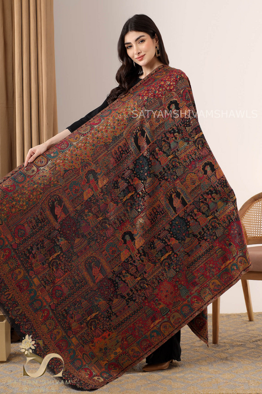 "SHAAN -E-DARBAR" THEME KANI  PASHMINA BLEND WOOL SHAWLS ,LIGHT WEIGHT AND WARM,BLACK