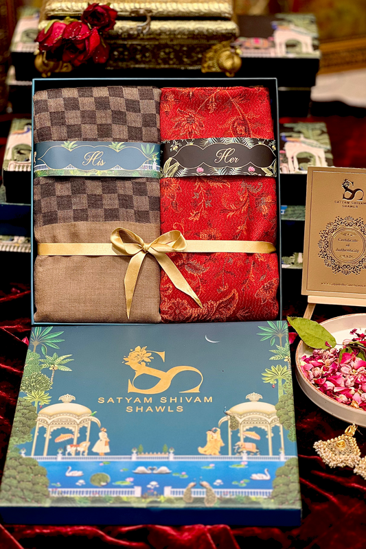 His & Her gift box (men check stole & womens kani shawl )with premium box packaging