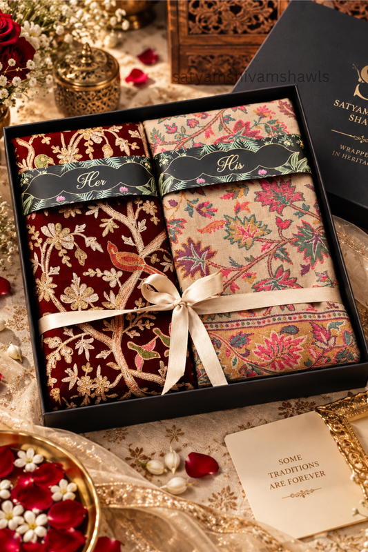 SATYAMSHIVAMSHAWLS HIS AND HER GIFT BOX(MENS WITH PURE WOOL KANI SHAWLS & WOMENS SHIKADAAR EMBROIDERY STOLE)PREMIUM GIFT BOX PACKAGING