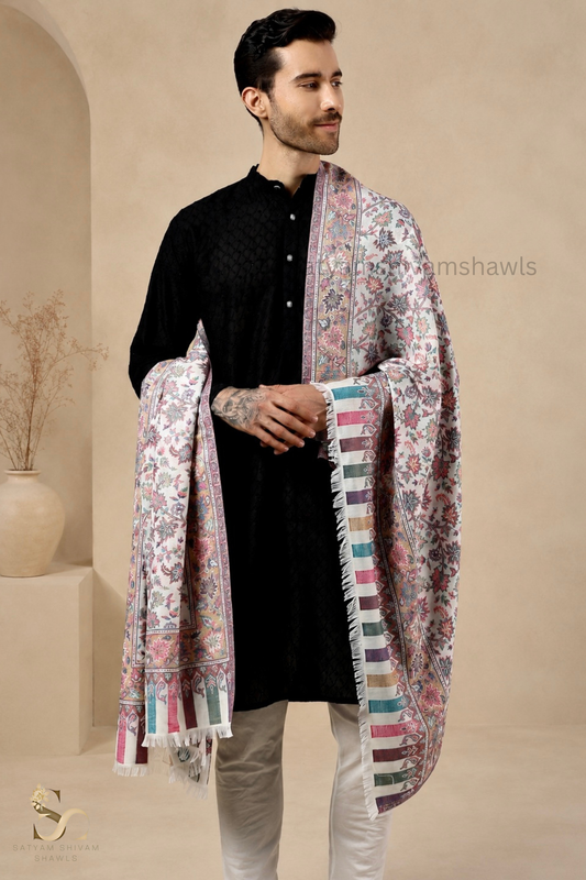 MENS ETHNIC KASHMIRI CHINAR DESIGN KANI  SHAWL, Light Weight, Soft And Warm, White