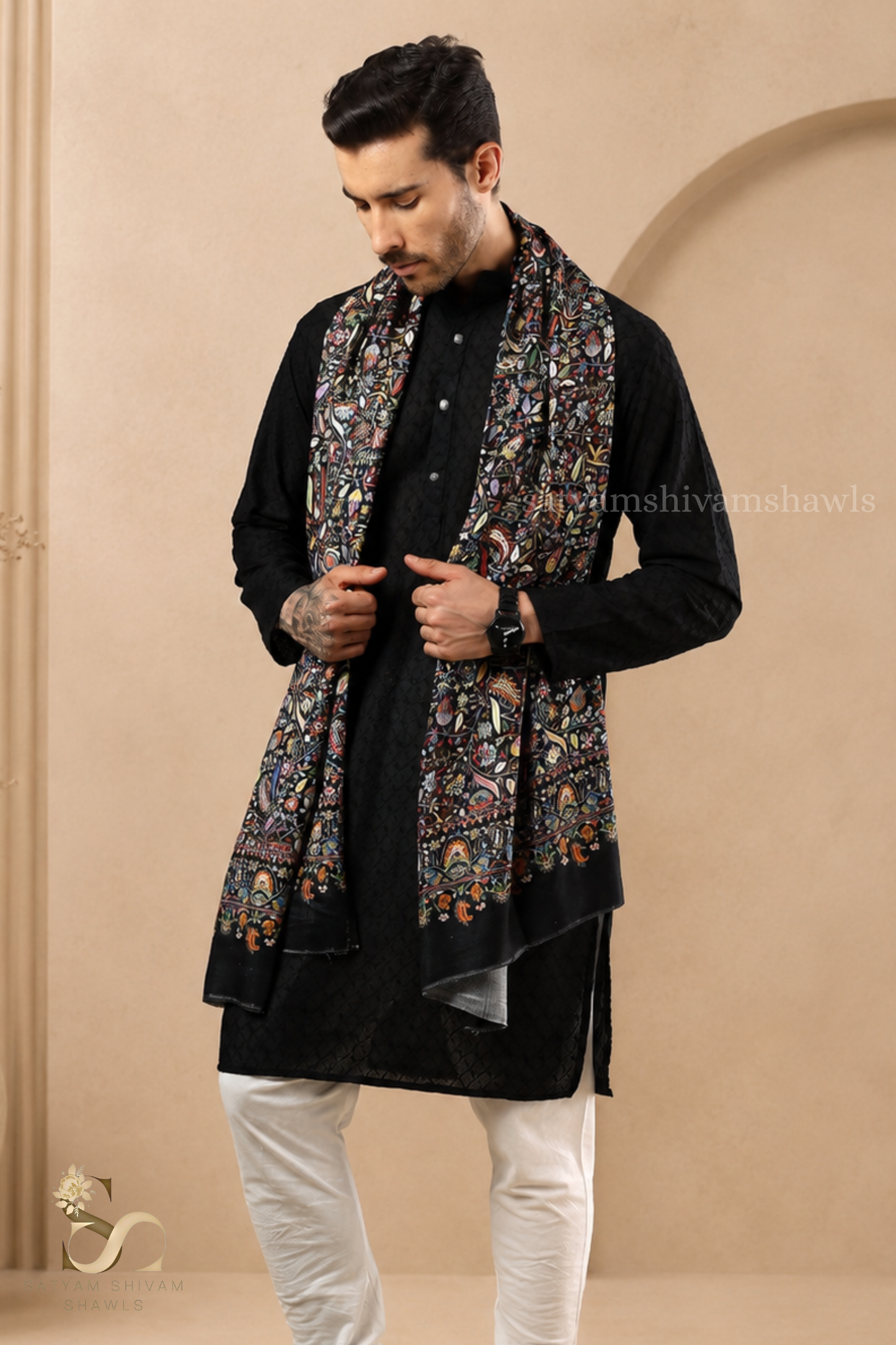 PAISLEY KALAMKARI LEAF DESIGN MENS SOFT SILK PRINT WOOL STOLES,BLACK