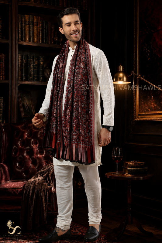 CHINAR KASHMIRI VINTAGE COLOUR COMBINATION SILK PASHMINA MENS SHAWLS,VINTAGE BLACK