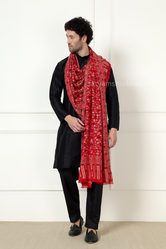 noor-e-kani multi pure wool stole,red