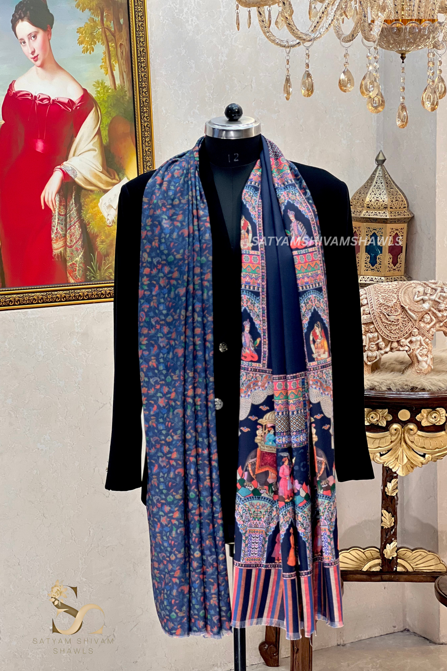 ISHQ-E-DHOLI PALLA REVERSIBLE  PURE WOOL KALAMKARI PRINT STOLE ,NAVY BLUE