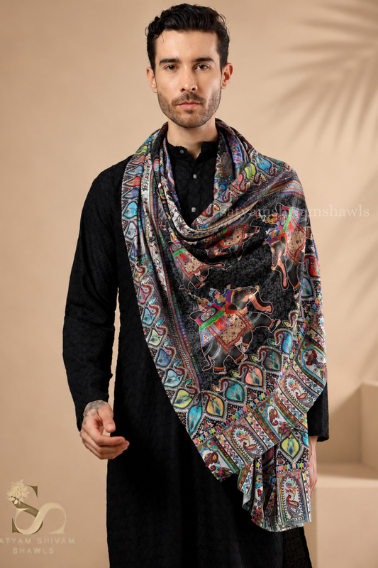 SHIKAARDAR  mens FINE SOFT PRINT SILK WOOL STOLE,BLACK